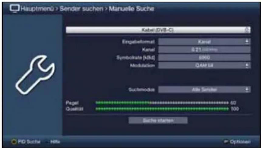 Hauptmenü > Sender suchen > Manuelle Suche Kabel (DVB-C) Engelbeformat Kanal Kanal 8.21 mm/min Symbolrate [kBk] 6000 Modulation Q4AB 54 Sachmodus Alle Sessler Pegel Qualität 60 100 Suche starten PID Suche - Hitla Optionen