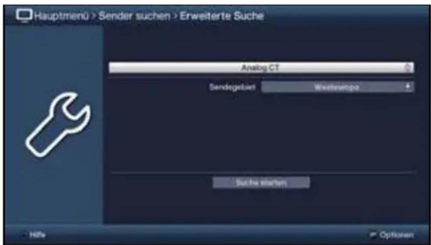 Hauptmenü > Sender suchen > Erweiterte Suche Analog CT Sendogebiet Weslauropa Su: Sie erwartet Höfe Optionen
