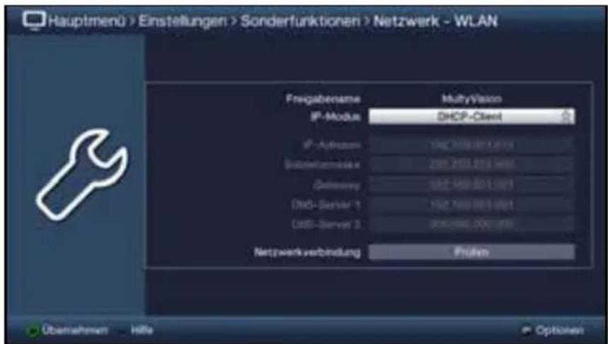 Hauptmenü > Einstellungen > Sonderfunktionen > Netzwerk - WLAN Fregabename MultiVision IP-Module DHCP-Client IP-Aptusion 100/100/01.01.02 Subsystemazole 200/200/215.04.05 Obitrology 100/100/01.04.07 DNS-Server 1 100/100/01.04.08 DNS-Server 2 200/200/01.04.09 Netzwerkverbindung Prufen Übernehmen - Hille Options