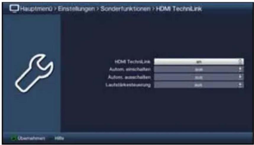 Hauptmenü > Einstellungen > Sonderfunktionen > HDMI TechnLink HDMI TechnLink Autom. einschaften Autom. ausschalten Leufstärksteuerung