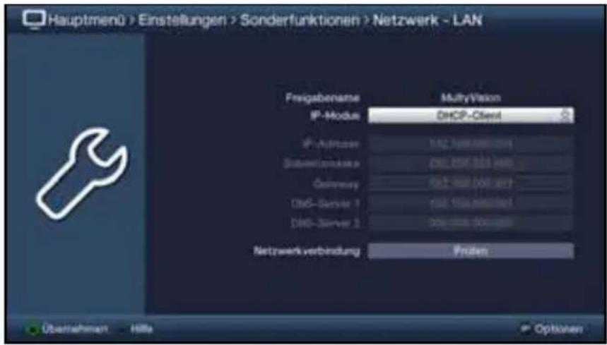 Hauptmenü > Einstellungen > Sonderfunktionen > Netzwerk - LAN Fregabename IP-Modus MultiVision DHCP-Client IP-Aptranee 142.100.000.000 Sobanerinkasse 290.250.325.000 Gurway 152.468.000.000 DNS-Server 1 150.150.000.000 DNS-Server 2 370.000.000.000 Netzwerk verbindung Fruizen Übernahmen - Hille Optionen