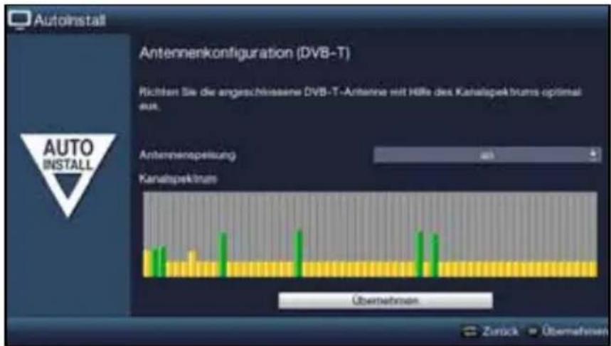 Autoinstall Antennenkonfiguration (DVB-T) Richten Sie die angeschlossene DVB-T-Antenne mit Hilfe des Kanahspektrums optimal aus. Antennenpenleistung Kanahspektrums Übernehmen Zurück > Übernehmen