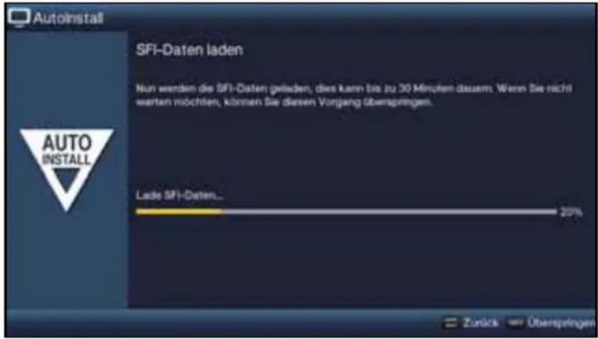 Autoinstall SFI-Daten laden Nun werden die SFI-Daten geladen, dies kann bis zu 30 Minuten diesem. Wenn Sie nicht warten möchten, können Sie diesen Vorgang überspringen. Lade SFI-Daten... 20% Zurück Überspringen