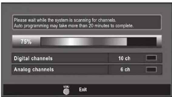 Please wait while the system is scanning for channels. Auto programming may take more than 20 minutes to complete. 75% Digital channels 10 ch Analog channels 6 ch VDN Exit