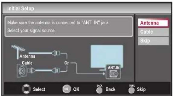 Initial Setup Make sure the antenna is connected to "ANT. IN" jack. Select your signal source. Antenna Cable Or ANT.IN Antenna Cable Skip Select OK OK Back Back SND Skip