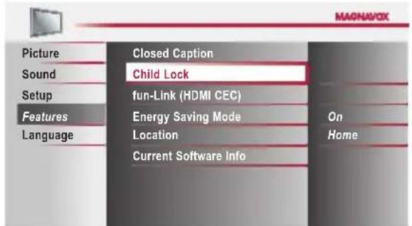 MAGNAVOX Picture Closed Caption Sound Child Lock Setup fun-Link (HDMI CEC) Features Energy Saving Mode On Language Location Home Current Software Info