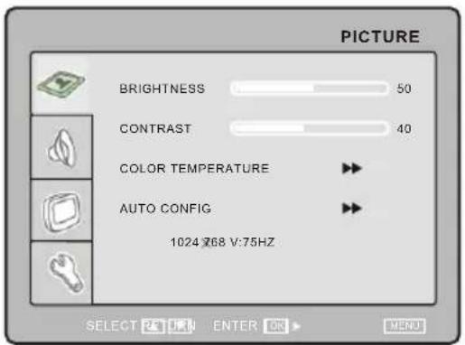 PICTURE BRIGHTNESS 50 CONTRAST 40 COLOR TEMPERATURE AUTO CONFIG 1024 X68 V:75HZ SELECT PLAN ENTER OK MENU