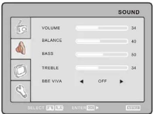 SOUND VOLUME 34 BALANCE 40 BASS 50 TREBLE 34 BBE VIVA OFF SELECT FL FLN ENTER OK ▶ M241