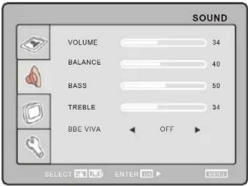 SOUND VOLUME 34 BALANCE 40 BASS 50 TREBLE 34 BBE VIVA OFF SELECT OK ENTER OK