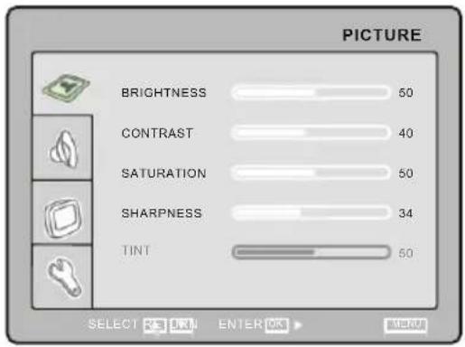 PICTURE BRIGHTNESS 50 CONTRAST 40 SATURATION 50 SHARPNESS 34 TINT 50 SELECT OK ENTER OK