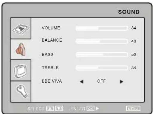 SOUND VOLUME 34 BALANCE 40 BASS 50 TREBLE 34 BBE VIVA OFF SELECT RUN ENTER OK > MENU