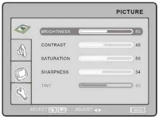 PICTURE BRIGHTNESS 50 CONTRAST 40 SATURATION 50 SHARPNESS 34 TINT 50 SELECT RETURN ADJUST MENU
