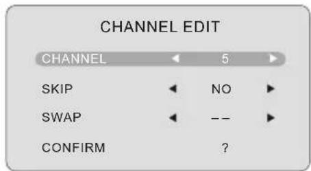 CHANNEL EDIT CHANNEL 5 SKIP NO SWAP -- CONFIRM ?