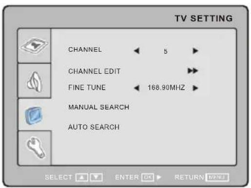 TV SETTING CHANNEL ← 5 ► CHANNEL EDIT ►► FINE TUNE ← 168.90MHZ ► MANUAL SEARCH AUTO SEARCH SELECT ▲ ENTER OK ▶ RETURN ⬆/√↓