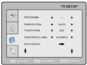 TV SETUP PROGRAMM FARB SYSTEM TON SYSTEM FEINEINSTELLUNG AUTO SUCHE 1 AUTO B/G 40.00MHz → Wahlen Singerien Zurück