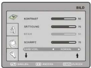 BILD KONTRAST 50 SÄTTIGUNG 70 STICH 50 SCHÄRFE 70 FARB VORL NORMAL WALLEN ANDERN ZURUCK