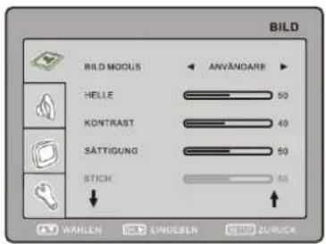 BILD RILD MODUS ANVÄNDARE HELLE 50 KONTRAST 40 SÄTTIGUNG 50 STICH 40 WÄHLN SINGELN ZURUCK
