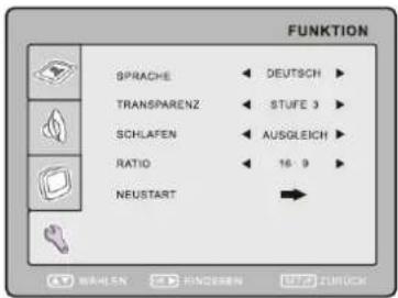 FUNKTION SPRACHE DEUTSCH TRANSPARENZ STUFE 3 SCHLAFEN AUSGLEICH RATIO 16:9 NEUSTART