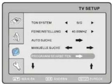 TV SETUP TON SYSTEM B/G FEINEINSTELLUNG 40.00MHz AUTO SUCHE MANUELLE SUCHE PROGRAMME SEARBEITER WÄHICEN ÄNDERN MURG TURGOK