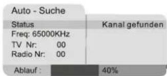 Auto - Suche Status Freq: 65000KHz TV Nr: 00 Radio Nr: 00 Ablauf : 40% Kanal gefunden