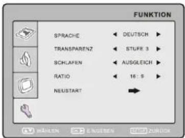 FUNKTION SPRACHE DEUTSCH TRANSPARENZ STUFE 3 SCHLAFEN AUSGLEICH RATIO 16:9 NEUSTART
