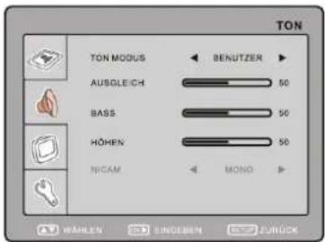 TON TON MODUS BENUTZER AUSGLEICH 50 BASS 50 HÖHEN 50 NICAM MOND WÄLEN SINGEBEN ZURÜCK