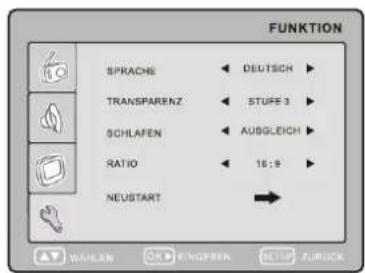 FUNKTION SPRACHE DEUTSCH TRANSPARENZ STUFE 3 SCHLAFEN AUSGLEICH RATIO 16:9 NEUSTART