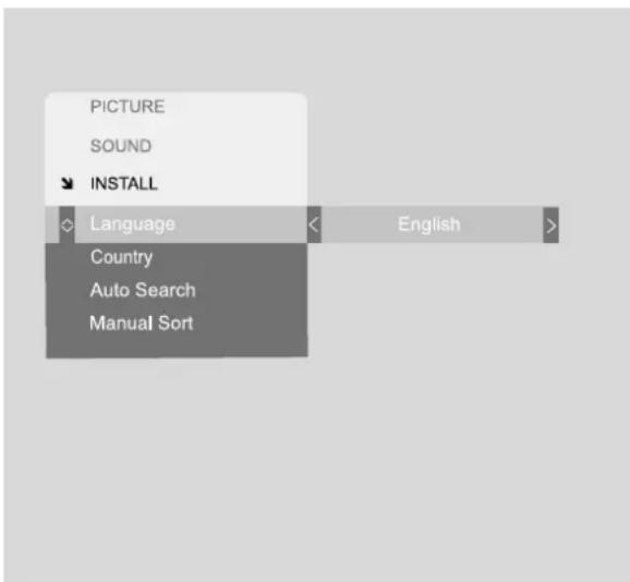 PICTURE SOUND INSTALL Language Country Auto Search Manual Sort English