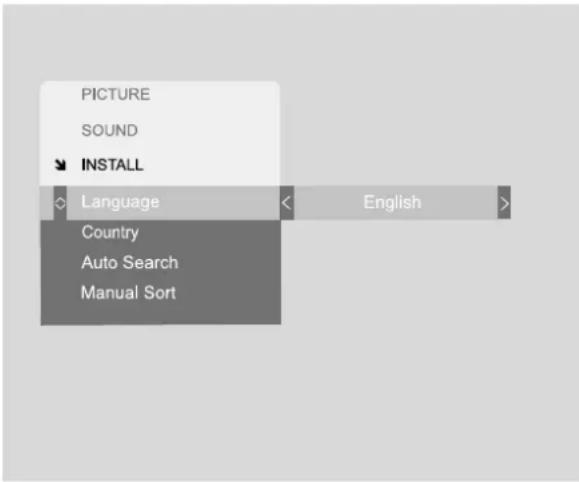 PICTURE SOUND INSTALL Language Country Auto Search Manual Sort English