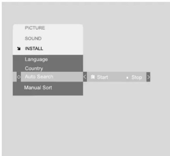 PICTURE SOUND INSTALL Language Country Auto Search Manual Sort Start Stop