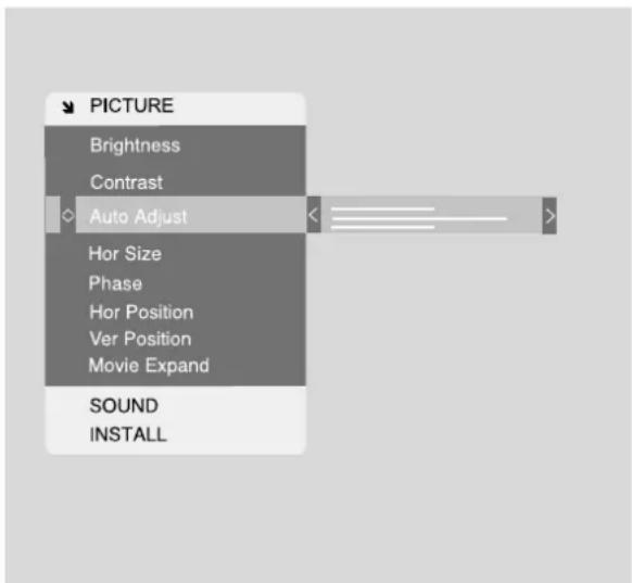 PICTURE Brightness Contrast Auto Adjust Hor Size Phase Hor Position Ver Position Movie Expand SOUND INSTALL