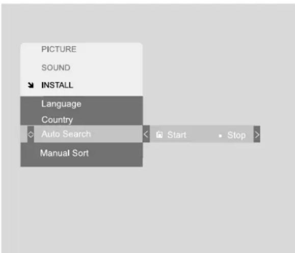 PICTURE SOUND INSTALL Language Country Auto Search Manual Sort Start Stop