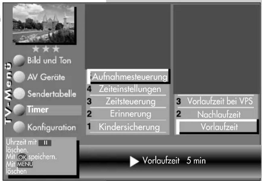 METZ Linus 32 HDTV 100 - Vorlaufzeit, Vorlaufzeit bei VPS und Nachlaufzeit einstellen - 5