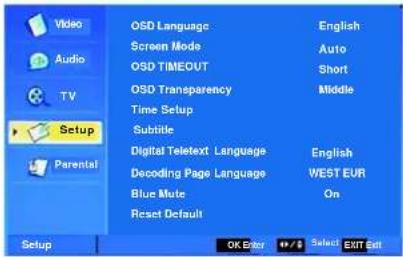 Video Audio TV Setup Parental O5D Language Screen Mode O5D TIMEOUT O5D Transparency Time Setup Subtitle Digital Teletext Language Decoding Page Language Blue Mute Reset Default English Auto Short Middle English WEST EUR On OK Enter + / + $ Select EXIT Edit
