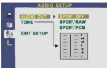 AUDIO SETUP AUDIO OUT TONE EXIT SETUP SPDIF/OFF SPDIF/RAW SPDIF/PCM