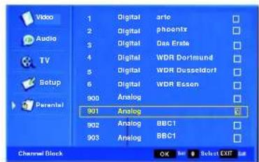 Video Audio TV Setup Parental 1 Digital arle 2 Digital phoenix 3 Digital Gas Erste 4 Digital WDR Dortmund 5 Digital WDR Dusseldorf 6 Digital WDR Essen 900 Analog 901 Analog 902 Analog BBC1 903 Analog BBC1 Channel Block OK Select EXIST
