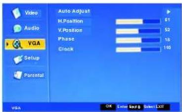 Video Audio VGA Setup Parental Auto Adjust H.Position 61 V.Position 52 Phase 13 Clock 105 OK Enter Back Select Exit