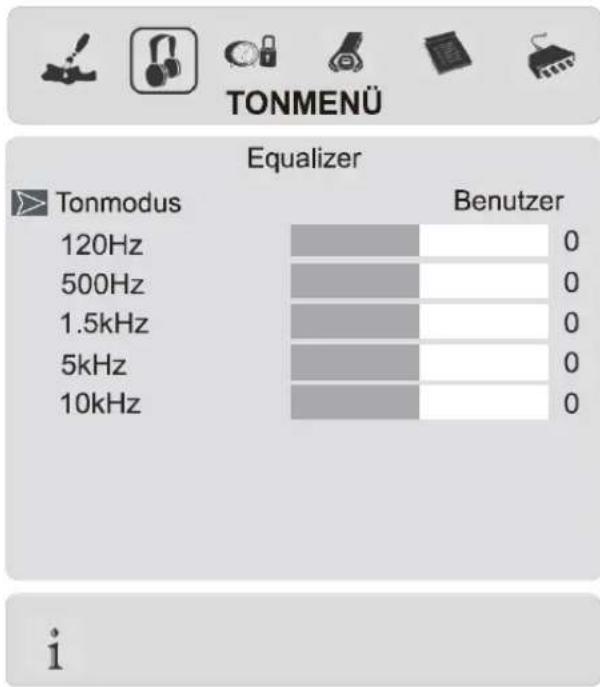 TONMENÜ Equalizer Tonmodus 120Hz 500Hz 1.5kHz 5kHz 10kHz Benutzer 0 0 0 0 0 0 i