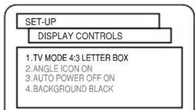 SET-UP DISPLAY CONTROLS 1. TV MODE 4:3 LETTER BOX 2. ANGLE ICON ON 3. AUTO POWER OFF ON 4. BACKGROUND BLACK