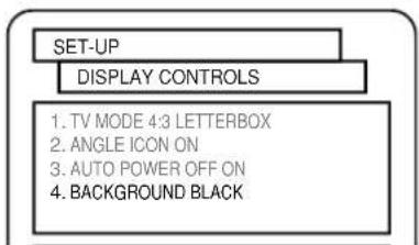 SET-UP DISPLAY CONTROLS 1. TV MODE 4:3 LETTERBOX 2. ANGLE ICON ON 3. AUTO POWER OFF ON 4. BACKGROUND BLACK