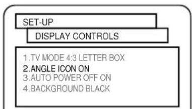SET-UP DISPLAY CONTROLS 1.TV MODE 4:3 LETTER BOX 2.ANGLE ICON ON 3.AUTO POWER OFF ON 4.BACKGROUND BLACK