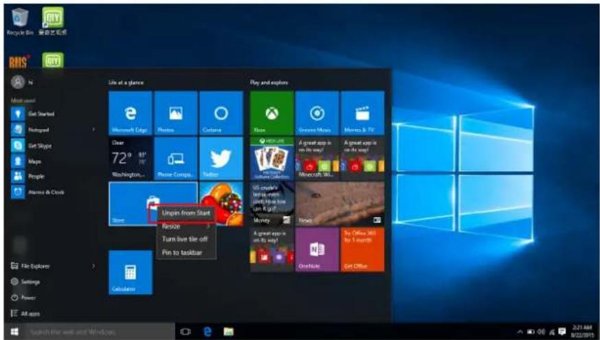 Recycle Bin 我的文档 BMS N More used Get Started Hotspot Get Skip Maps People Alarms & Clock Live at a glance Play and explore Microsoft Edge Photos Cartoon About Green Maps Movie & TV Clear 72° 83° Washington... Phone Comp. Twitter A great app is on its way! A great app is on its way! Microsoft 965s Use to start Unpin from Start Restore Turn live tile off Spin to taskbar Money. A great app is on its way! OneNote... Get Office File Explorer Settings Power All apps Search the web and Windows 2:21 AM 8/22/2015