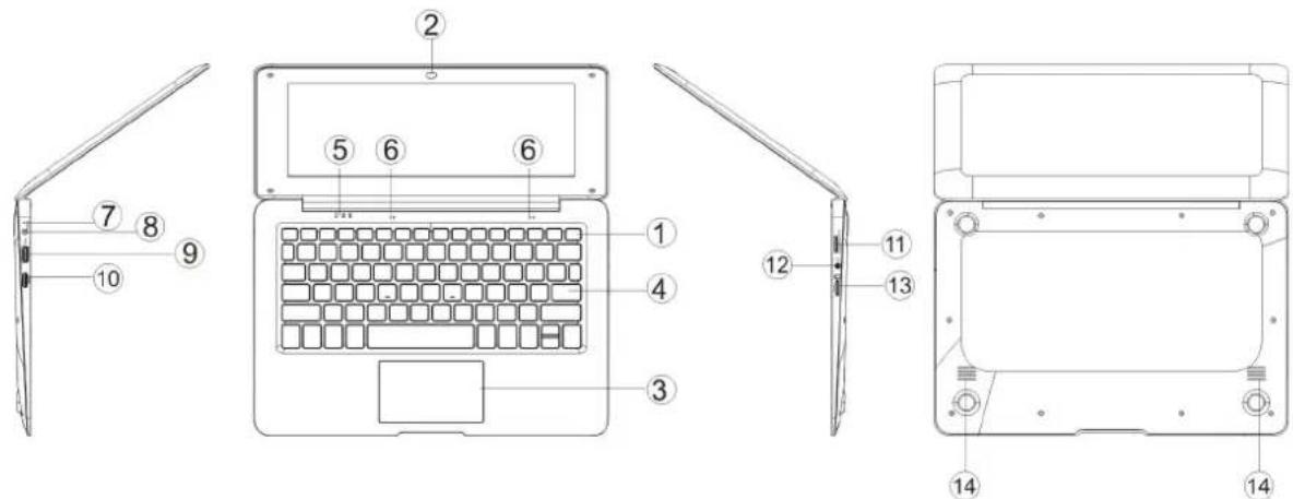 Technical diagram of a laptop with numbered parts for identification and assembly reference.