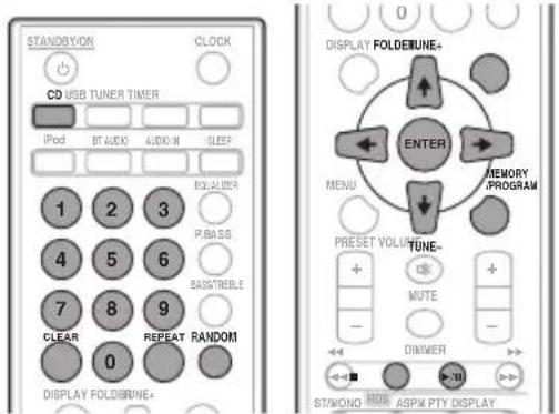 STANDBYON CLOCK CD USB TUNER TIMER iPod BT AUDIO AUDIO SLEEP 1 2 3 P.BASS 4 5 6 BASSTREBLE 7 8 9 CLEAR REPEAT RANDOM 0 DISPLAY FOLDBURE+ DISPLAY FOLDBURE+ ENTER MENU MEMORY /PROGRAM PRESET VOLUME- TUNE- MUTE DIMMER STANDARD ASPM PTY DISPLAY