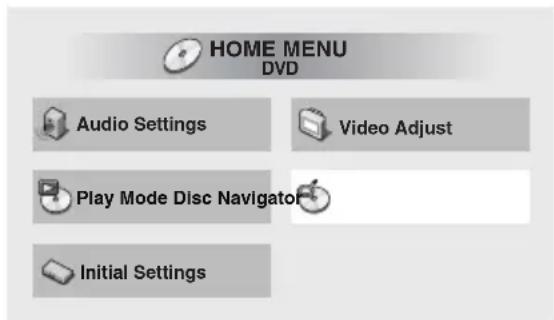 HOME MENU DVD Audio Settings Video Adjust Play Mode Disc Navigator Initial Settings