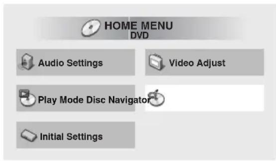 HOME MENU DVD Audio Settings Video Adjust Play Mode Disc Navigator Initial Settings