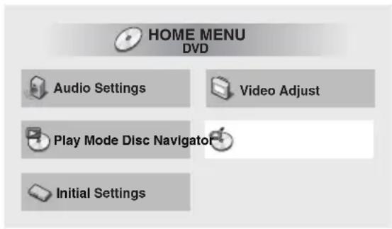 HOME MENU DVD Audio Settings Video Adjust Play Mode Disc Navigator Initial Settings