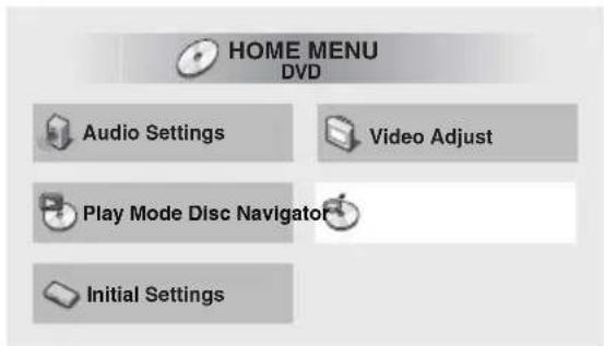 HOME MENU DVD Audio Settings Video Adjust Play Mode Disc Navigator Initial Settings
