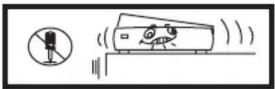 Diagram showing a robot emitting sound waves from a device, with a no-smoking symbol nearby.