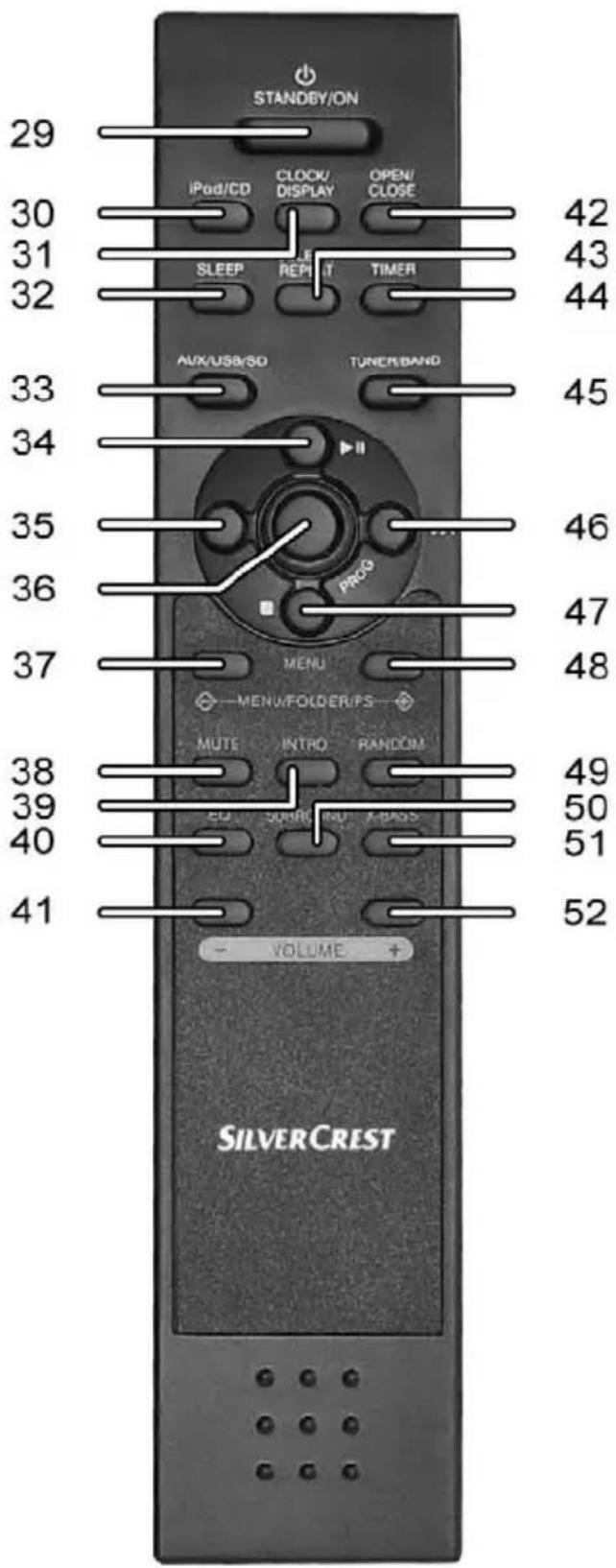 STANDBY/ON iPod/CD CLOCK/ DISPLAY OPEN/ CLOSE 30 42 31 43 32 44 SLEEP REPEAT TIMER AUX/USB/SO TUNER/BAND 33 45 34 35 46 36 47 37 48 MENU MUTE INTRO RANDOM 49 50 51 38 39 40 41 VOLUME + SILVERCREST